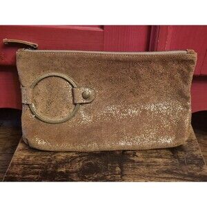 Kim White Ring Clutch Soft Golden Brown Leather Purse Metallic 11 x 6.5 EUC